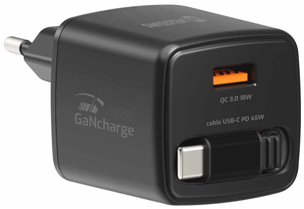 Swissten Síťový Adaptér Slidecharge GaN 45W, 1x USB-A 18W Se Zatahovacím USB-C Kabelem 0,75m Černý 22071340