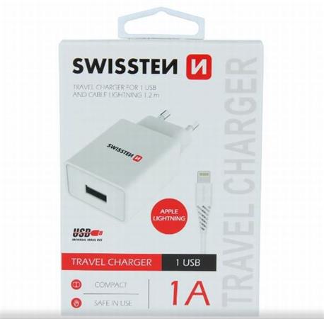 SWISSTEN SÍŤOVÝ ADAPTÉR SMART IC 1x USB 1A POWER + DATOVÝ KABEL USB / LIGHTNING 1,2 M BÍLÝ 22067000
