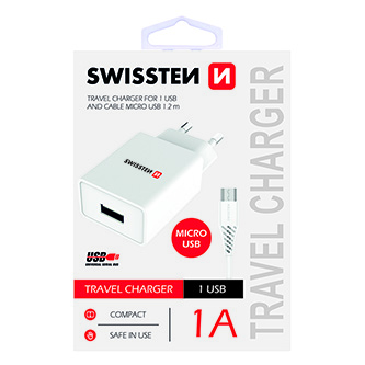 SWISSTEN SÍŤOVÝ ADAPTÉR SMART IC 1x USB 1A POWER + DATOVÝ KABEL USB / MICRO USB 1,2 M BÍLÝ 22061000