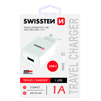 SWISSTEN SÍŤOVÝ ADAPTÉR SMART IC 1x USB 1A POWER + DATOVÝ KABEL USB / TYPE C 1,2 M BÍLÝ 22063000