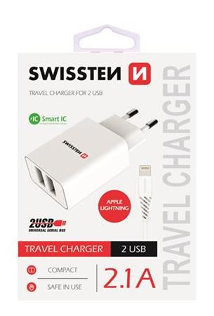 SWISSTEN SÍŤOVÝ ADAPTÉR SMART IC, CE 2x USB 2,1 A POWER BÍLÝ + DATOVÝ KABEL SWISSTEN USB / LIGHTNING 1,2 M BÍLÝ 22057000