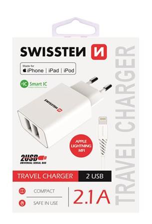SWISSTEN SÍŤOVÝ ADAPTÉR SMART IC, CE 2x USB 2,1 A POWER BÍLÝ + DATOVÝ KABEL SWISSTEN USB / LIGHTNING MFi 1,2 M 22055000