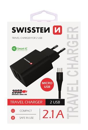 SWISSTEN SÍŤOVÝ ADAPTÉR SMART IC, CE 2x USB 2,1 A POWER ČERNÝ + DATOVÝ KABEL SWISSTEN USB / MICRO USB 1,2 M ČER 22052000
