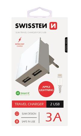 SWISSTEN SÍŤOVÝ ADAPTÉR SMART IC, CE 2x USB 3 A POWER BÍLÝ + DATOVÝ KABEL SWISSTEN USB / LIGHTNING 1,2 M BÍLÝ 22047000