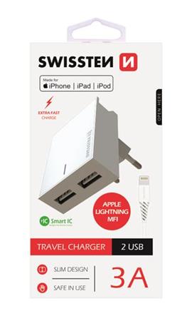 SWISSTEN SÍŤOVÝ ADAPTÉR SMART IC, CE 2x USB 3 A POWER BÍLÝ + DATOVÝ KABEL SWISSTEN USB / LIGHTNING MFi 1,2 M BÍ 22045000