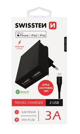 SWISSTEN SÍŤOVÝ ADAPTÉR SMART IC, CE 2x USB 3 A POWER ČERNÝ+ DATOVÝ KABEL SWISSTEN USB / LIGHTNING MFi 1,2 M ČE 22046000