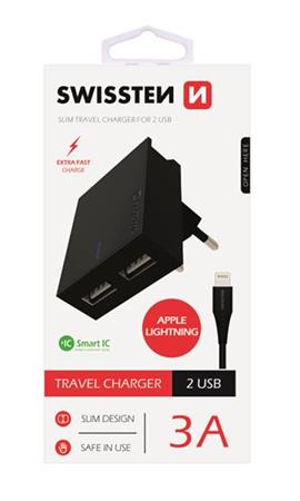SWISSTEN SÍŤOVÝ ADAPTÉR SMART IC, CE 2x USB 3 A POWER ČERNÝ+ DATOVÝ KABEL SWISSTEN USB / LIGHTNING MFi 1,2 M ČE 22048000