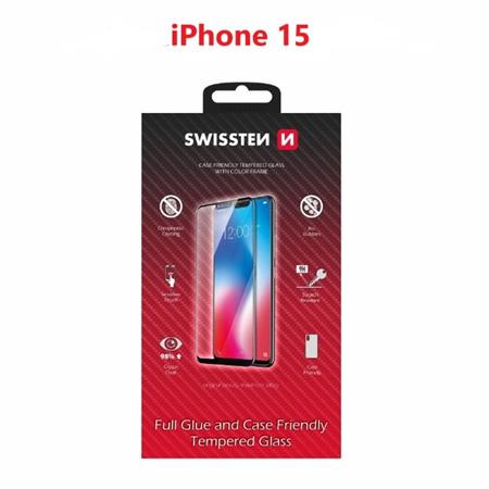 SWISSTEN SKLO FULL GLUE, COLOR FRAME, CASE FRIENDLY PRO APPLE IPHONE 15 ČERNÉ 54501840