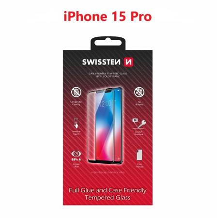 SWISSTEN SKLO FULL GLUE, COLOR FRAME, CASE FRIENDLY PRO APPLE IPHONE 15 PRO ČERNÉ 54501841