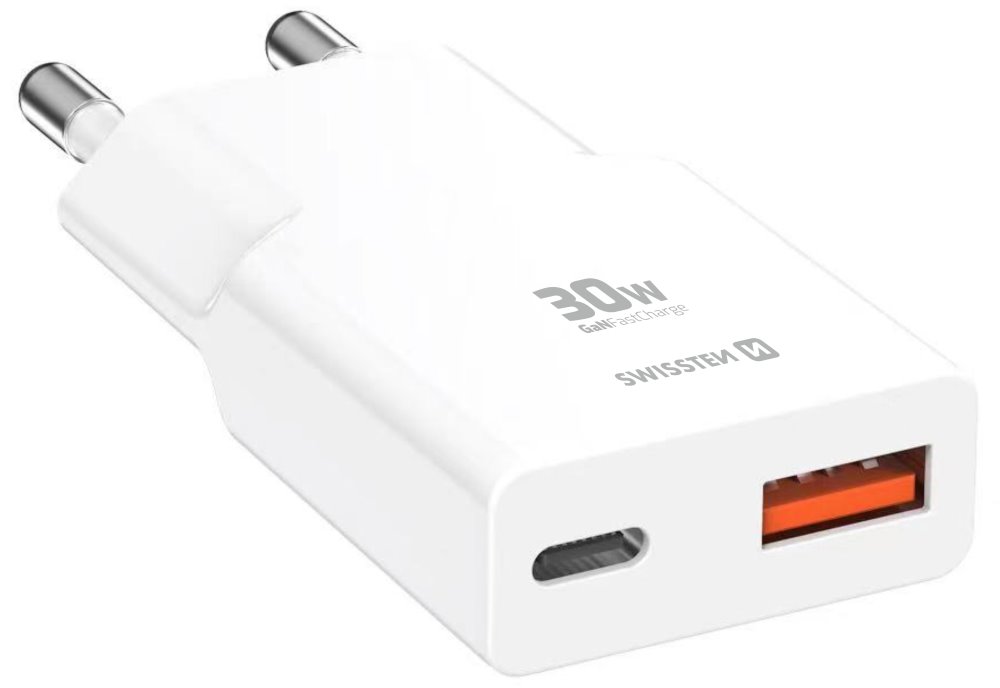 Swissten tenký síťový adaptér GaN USB-C + USB-A 30w bílý 22070201