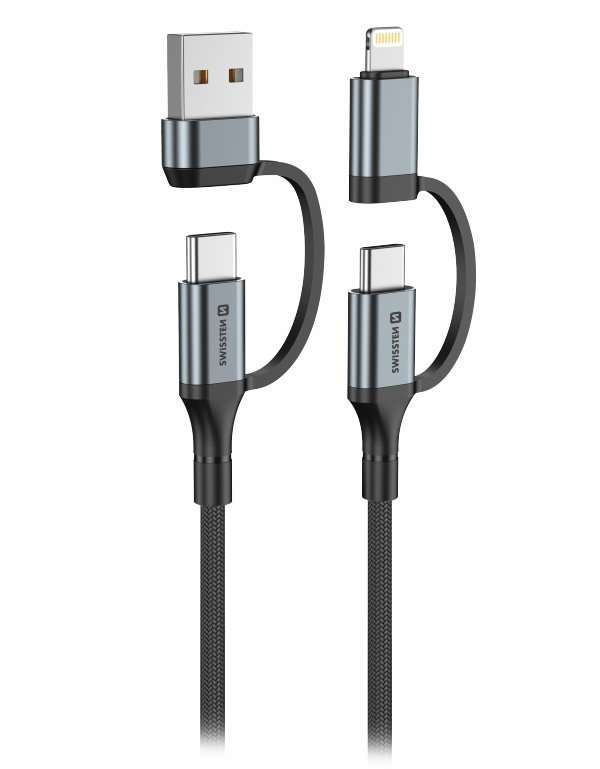Swissten textilní datový kabel 4in1, 3A, 1,5m černý 74501102