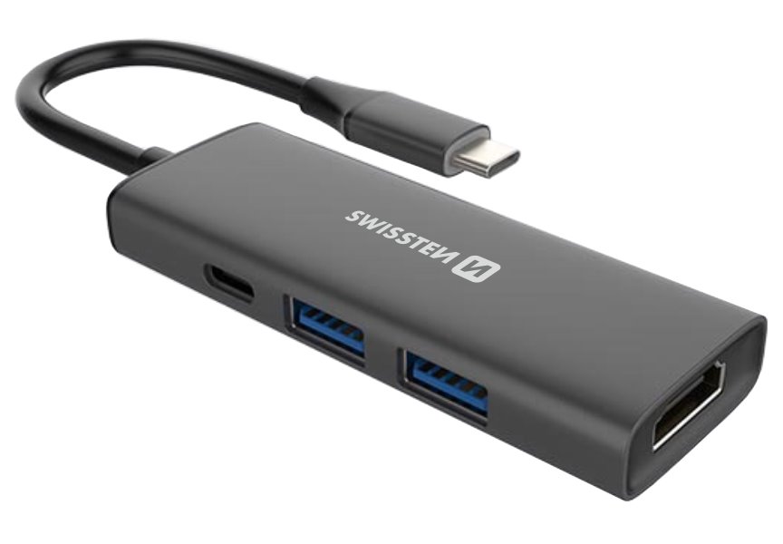 Swissten usb-c hub 4-in-1 (usb-c 100w, hdmi 4k, 2x usb-a) aluminium 44040201