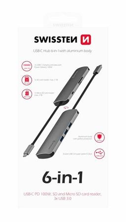 SWISSTEN USB-C HUB 6-IN-1 (USB-C PD, 3x USB 3.0, SD, MICRO SD) ALUMINIUM 44040102