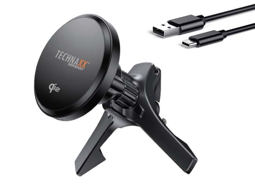 Technaxx Magnetický držák s bezdrátovou nabíječkou do auta, Qi2 15W, MagSafe, černý (TX-323) 4260358128436