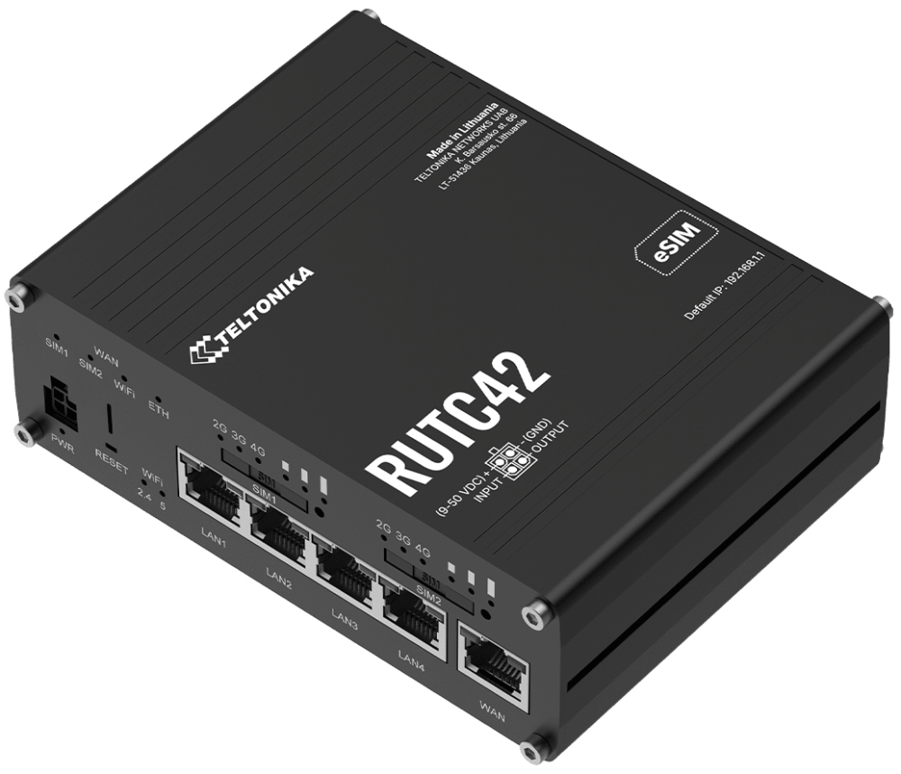 Teltonika RUTC42 průmyslový router 4x LAN, 1x WAN, Dual modem, SIM + eSIM, 2x LTE, Wi-Fi 6 RUTC42000000