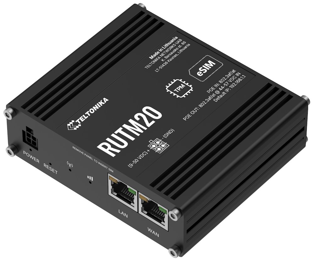 Teltonika RUTM20 průmyslový router 1x LAN, 1x WAN, 1× PoE IN, 1x PoE OUT, 5G Telit global, Dual SIM + eSI RUTM20100000