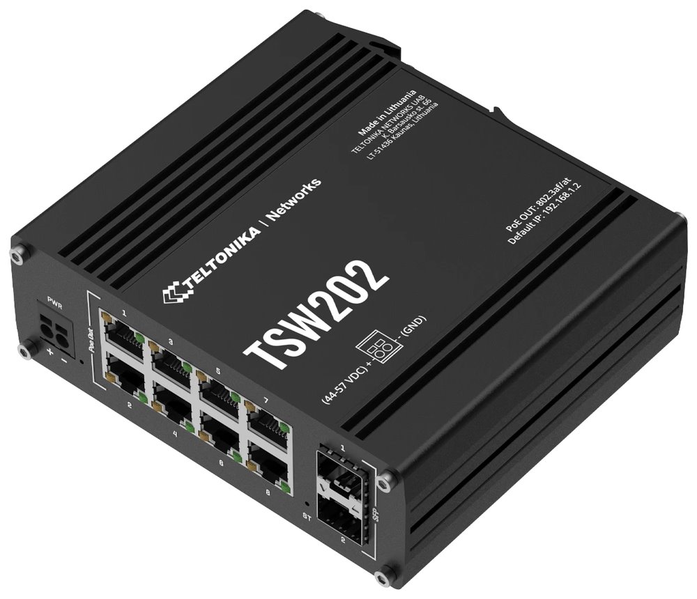 Teltonika TSW202 průmyslový L2 manažovaný switch, 8 x PoE+ 10/100/1000, 2x SFP, bez zdroje TSW202000000