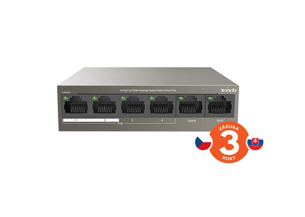 Tenda TEF1106P-4-63W PoE AT switch 4x PoE 802.3af/at, 6x 100Mb/s, PoE celkem 63W, fanless