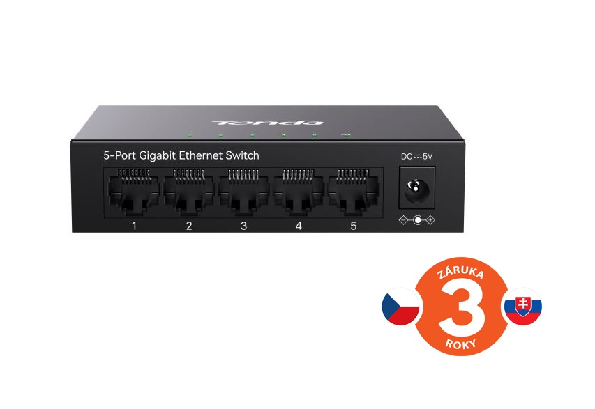 Tenda TEG1005M - 5x 10/100/1000 Mbps Kovový Switch, Fanless - bez ventilátorů, ochrana 6 kV 75012012