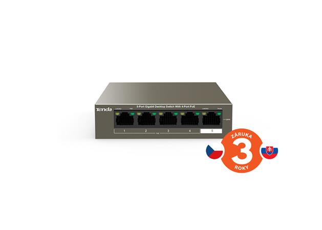 Tenda TEG1105P-4-63W PoE AT switch 4x PoE 802.3af/at, 5x 1 Gb/s, PoE celkem 63W, fanless