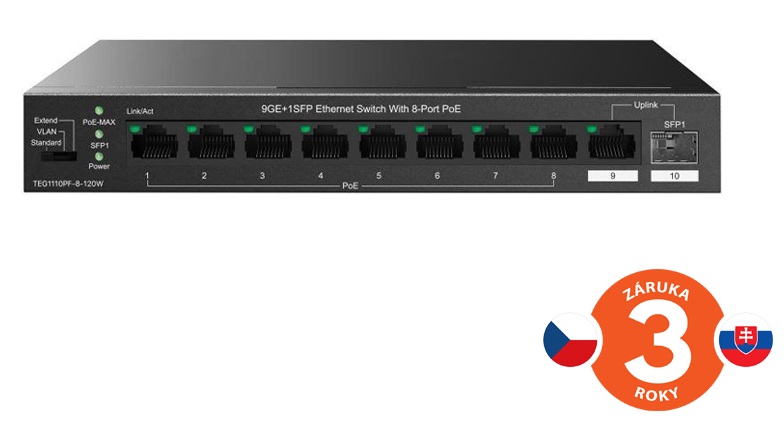 Tenda TEG1110PF-8-120W PoE AT switch 8xPoE 802.3af/at + Uplink RJ45 + SFP port, 110W, PoE+, fanless 75012025