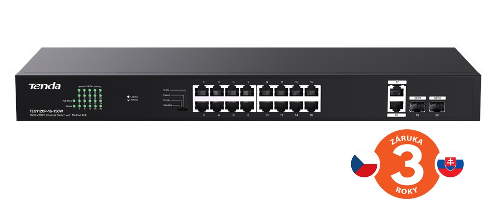 Tenda TEG1120P-16-150W PoE+ Gigabit switch 16x 1Gb/s PoE+ 802.3af/at + 2x SFP + 2x RJ45, 135W, Rack 75011997