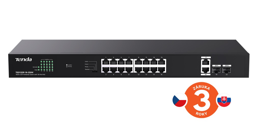 Tenda TEG1120P-16-250W PoE+ Gigabit switch 16x 1Gb/s PoE+ 802.3af/at + 2x SFP + 2x RJ45, 230W, Rack 75011996