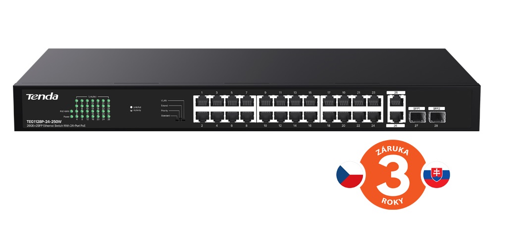 Tenda TEG1128P-24-250W PoE+ Gigabit switch 24x 1Gb/s PoE+ 802.3af/at + 2x SFP + 2x RJ45, 230W, Rack 75011994