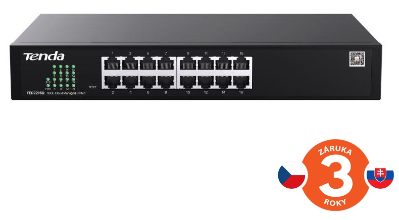 Tenda TEG2216D Websmart L2 cloud managed switch, 16x 10/100/1000 Mbps, Kov, Fanless-bez ventilátorů 75012019