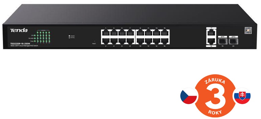 Tenda TEG2220P-16-250W Gigabit Websmart L2 Cloud PoE+ Switch 230W, 16x1Gb/s PoE+, 2xRJ45, 2xSFP,Rack 75012021