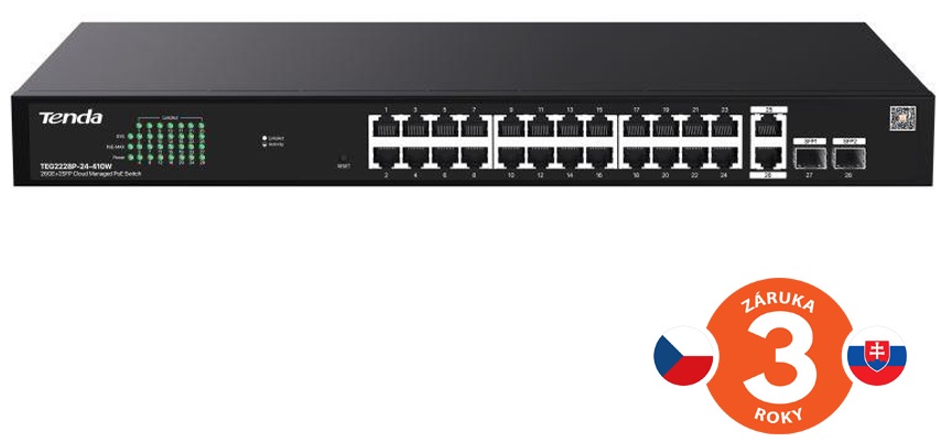 Tenda TEG2228P-24-410W Gigabit PoE+ Websmart L2 Cloud switch 370W, 24x 1Gb/s PoE+,2xRJ45,2xSFP, Rack 75012022