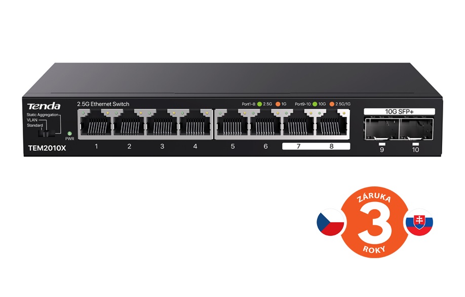 Tenda TEM2010X - Multi-gigabit switch, 8x 2.5G RJ45 + 2x 10G SFP+ port, MAC 16K, ochrana 6kV 75011992