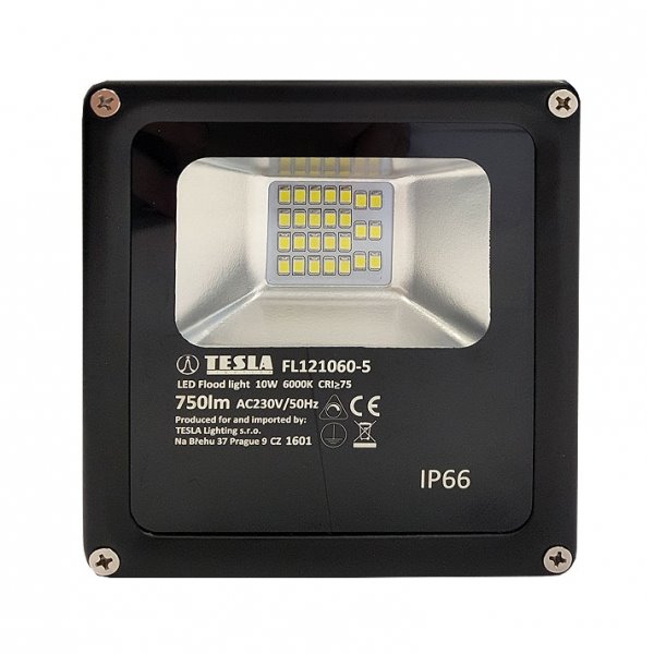 TESLA LED reflektor/ 10W/ 750lm/ 230V/ IP66/ 6000K/ studená bílá/ černý FL121060-5