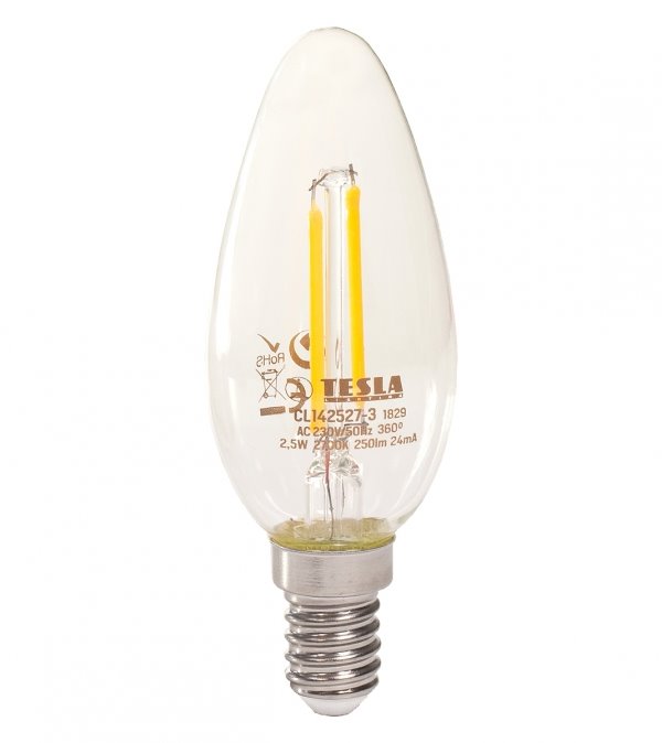 TESLA LED žárovka CRYSTAL RETRO CANDLE svíčka/ E14/ 2,5W/ 230V/ 250lm/ 2700K/ teplá bílá