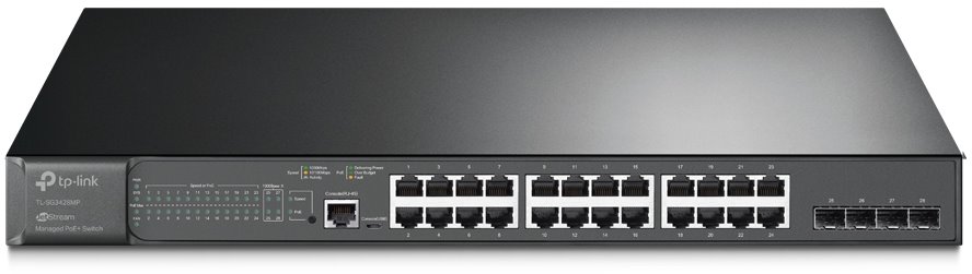 TP-LINK "JetStream™ 28-Port Gigabit L2+ Managed Switch with 24-Port PoE+PORT: 24× Gigabit PoE+ Ports, 4× Gig TL-SG3428MP