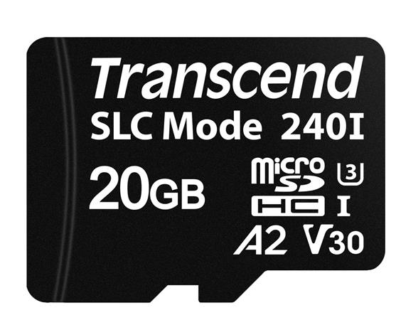 Transcend 20GB microSDHC240I UHS-I U3 V30 A2 (Class 10) 3D TLC (SLC mode) průmyslová paměťová karta, 100MB/ TS20GUSD240I