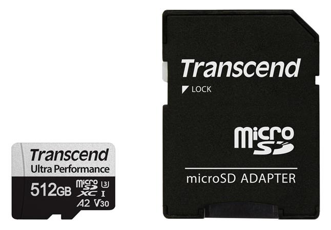 Transcend 512GB microSDXC 340S UHS-I U3 V30 A2 3D TLC (Class 10) paměťová karta (s adaptérem), 160MB/s R, TS512GUSD340S