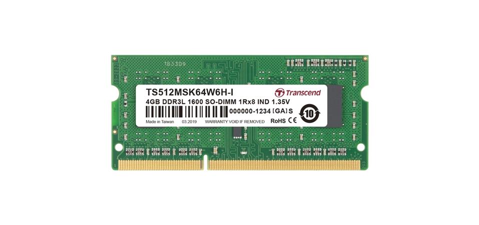 Transcend průmyslová paměť SODIMM DDR3 4GB 1600MHz, 1Rx8, CL11 TS512MSK64W6H-I