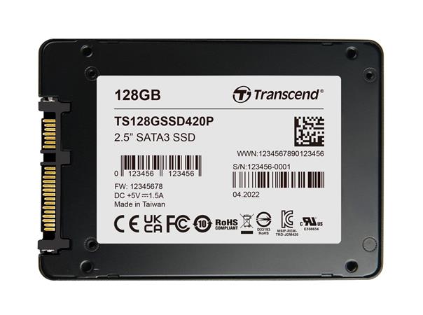 TRANSCEND SSD420P 128GB Industrial PLP (3K P/E) SSD disk 2.5" SATA3, MLC, Aluminium case, 530MB/s R, 210 M TS128GSSD420P