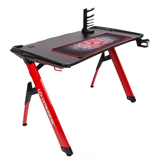 ULTRADESK Herný stôl INVADER - RED, 120x64 cm, 75 cm, podsvietený, s XL podložkou pod myš, držiak s UDESK-IN-RD