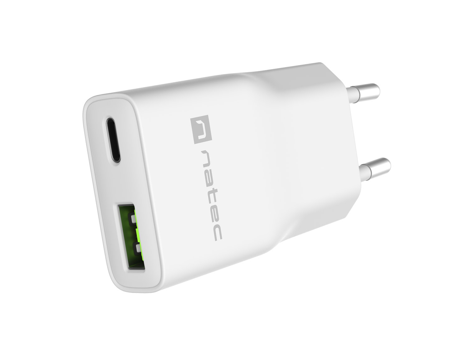 Univerzální USB nabíječka Natec RIBERA GaN SLIM, 20 W, 1X USB-A + 1X USB-C, Bílá NUC-2376