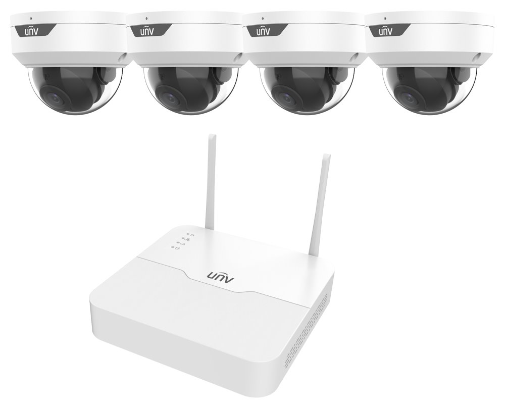 UNV KIT/NVR301-04LS3-W/4*IPC322LB-ABF28WK-G/2.8mm/H.265/Dome/30fps/ WIFI/Anti vandal/MicroSD/Mikrofon/DWDR/DC 12V±25%