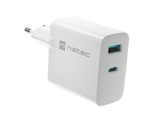 UUniverzální USB nabíječka Natec RIBERA GaN 1X USB-A + 1X USB-C 65W, Bílá NUC-2144
