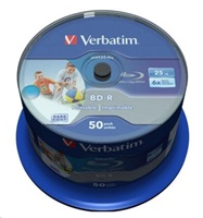 Verbatim BD-R SL, Hard Coat protective layer Wide Inkjet Printable, 25GB, Spindle, 43812, 6x, 50-pa