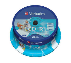 Verbatim CD-R, 43439, DataLife PLUS, 25-pack, 700MB, Super Azo, 52x, 80min., 12cm, Printable, cake