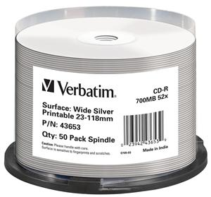 Verbatim CD-R, 43653, DataLife, 50-pack, 700MB, Wide Silver, 52X, No ID Brand, 80min., 12cm, Inkjet
