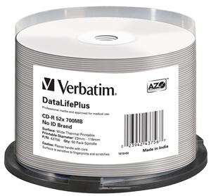 Verbatim CDR 700/80, 52x, white thermal printable, nonID, 50 cievka 43756
