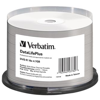 Verbatim DVD-R, 43782, DataLife PLUS, 50-pack, 4.7GB, 16x, 12cm, Professional, cake box, Wide Silve