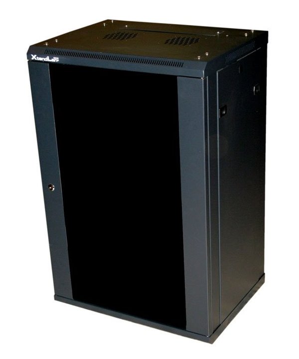 XtendLan 19" nástěnný rozvaděč 18U, šířka 600mm, hloubka 450mm, nosnost 60 kg, skleněné kouřové dveře, svař WS-18U-64-BL