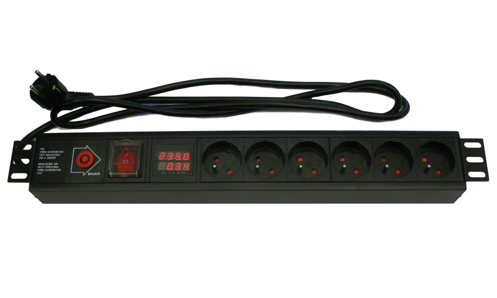 XtendLan 19'' rozvodný panel 6x 230V, ČSN, nadproudová ochrana, měření spotřeby (např. při home office) ZASUVKA6N-VM-19